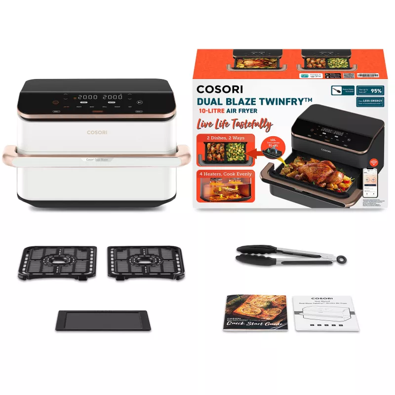 Cosori Dual Blaze Twinfry Chef Edition dviguba 10 L atskirai stovinti 2800 W karšto oro gruzdintuvė Rožinis auksas, Balta