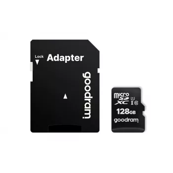 MicroSDXC atminties kortelė GOODRAM 128GB UHS‑I Class 10 (skaitymas 100 MB/s, rašymas 10 MB/s) su SD adapteriu