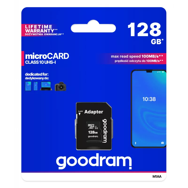 MicroSDXC atminties kortelė GOODRAM 128GB UHS‑I Class 10 (skaitymas 100 MB/s, rašymas 10 MB/s) su SD adapteriu