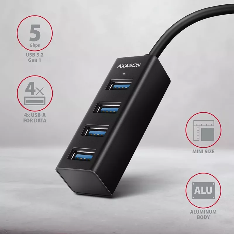 Axagon HUE-M1C 4x USB 3.2 Gen 1 MINI šakotuvas, metalinis, 20 cm USB-C laidas