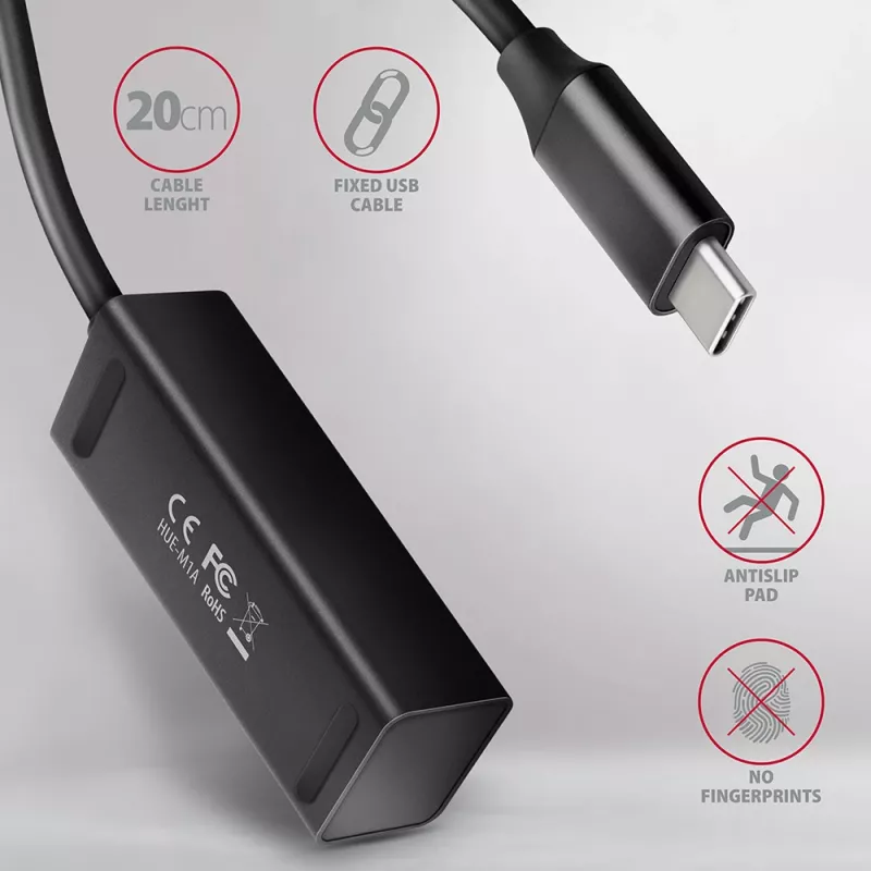 Axagon HUE-M1C 4x USB 3.2 Gen 1 MINI šakotuvas, metalinis, 20 cm USB-C laidas