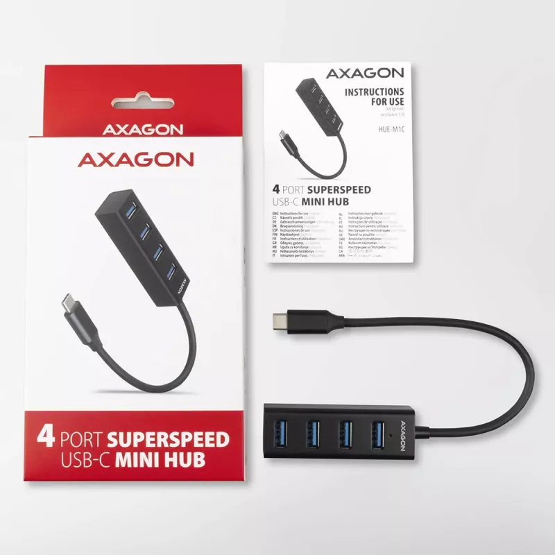 Axagon HUE-M1C 4x USB 3.2 Gen 1 MINI šakotuvas, metalinis, 20 cm USB-C laidas
