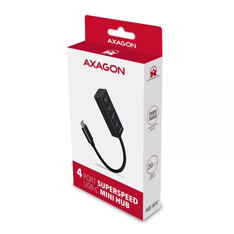 Axagon HUE-M1C 4x USB 3.2 Gen 1 MINI šakotuvas, metalinis, 20 cm USB-C laidas