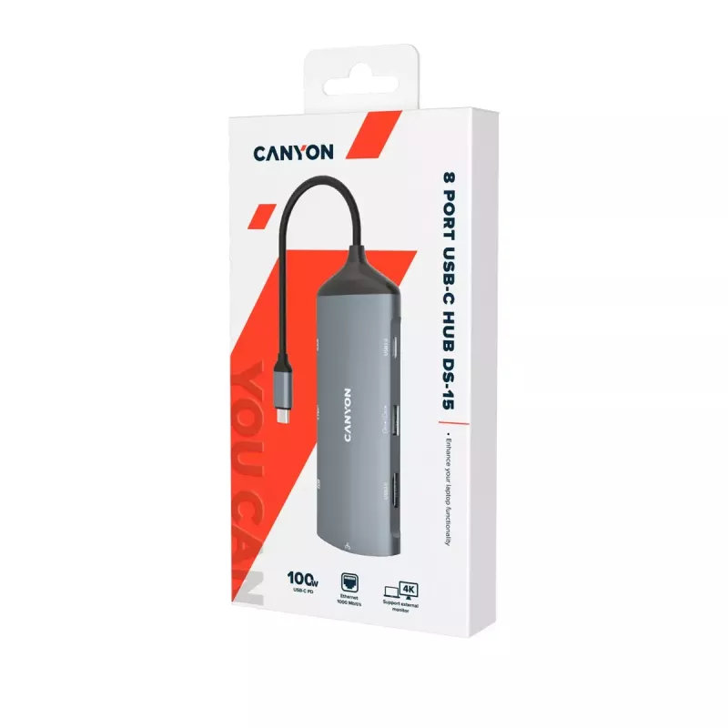 Canyon DS-15 USB 3.2 Gen 1 Type-C pilkas 100W galios tiekimo Ethernet 1 Gbps