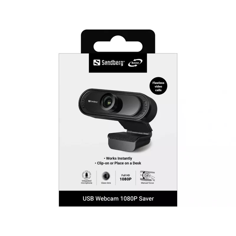 Sandberg USB Webcam 1080P Saver, 2 MP, 1920 x 1080 pikselių, Full HD, 30 kadrų per sekundę, 1920x1080@30fps, 1080p