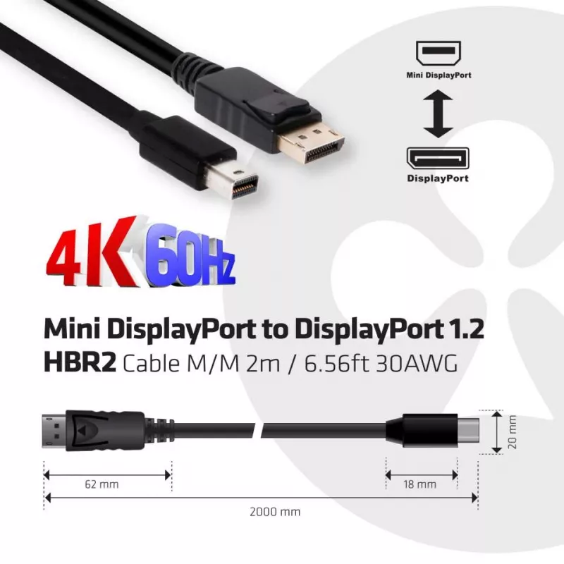CLUB3D Mini DisplayPort į DisplayPort 1.2 M/M 2m/6.56ft 4K60Hz