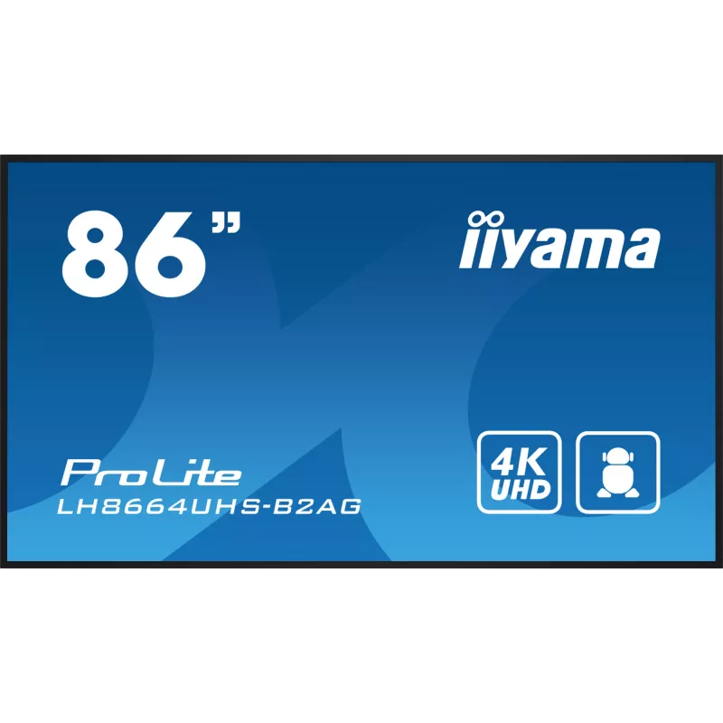 iiyama LH8664UHS-B2AG reklaminis ekranas Skaitmeninės reklamos plokščiasis ekranas 2.17 m (85,6 colio) Wi-Fi 500 cd/m² 4K Ultra HD Juodas Integruotas procesorius Android 11 24/7
