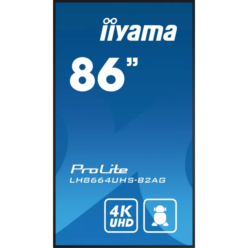 iiyama LH8664UHS-B2AG reklaminis ekranas Skaitmeninės reklamos plokščiasis ekranas 2.17 m (85,6 colio) Wi-Fi 500 cd/m² 4K Ultra HD Juodas Integruotas procesorius Android 11 24/7