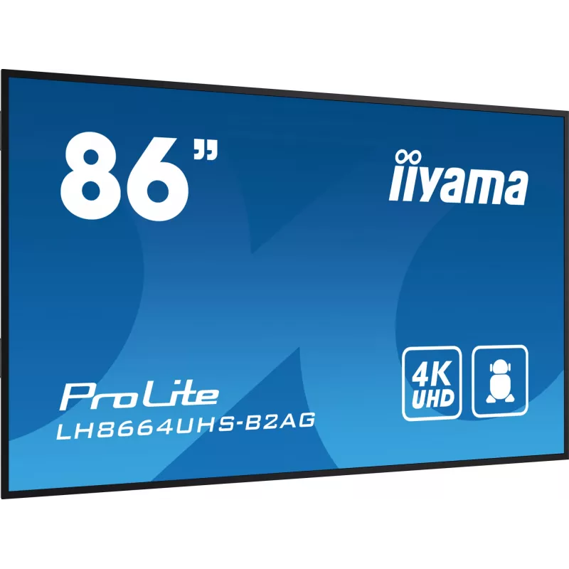 iiyama LH8664UHS-B2AG reklaminis ekranas Skaitmeninės reklamos plokščiasis ekranas 2.17 m (85,6 colio) Wi-Fi 500 cd/m² 4K Ultra HD Juodas Integruotas procesorius Android 11 24/7