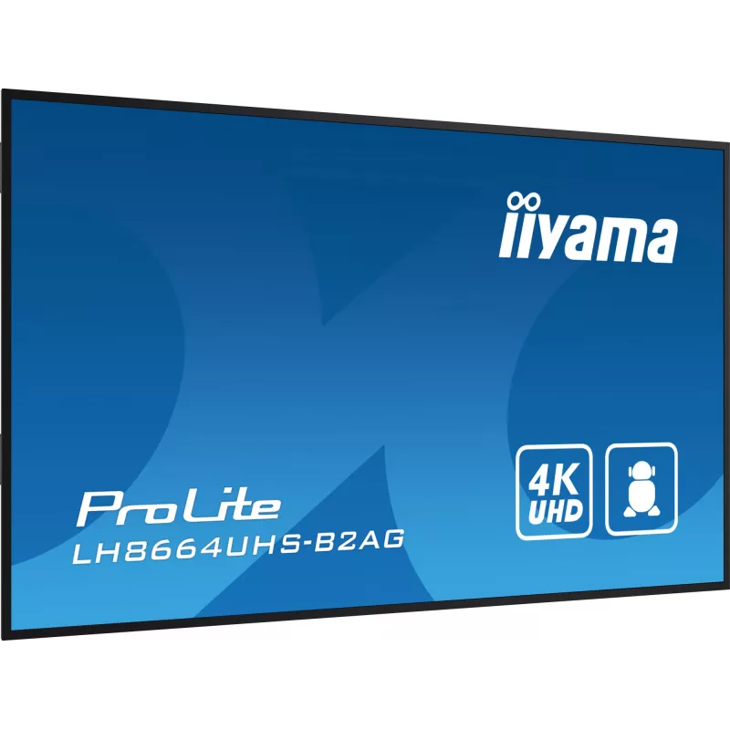 iiyama LH8664UHS-B2AG reklaminis ekranas Skaitmeninės reklamos plokščiasis ekranas 2.17 m (85,6 colio) Wi-Fi 500 cd/m² 4K Ultra HD Juodas Integruotas procesorius Android 11 24/7
