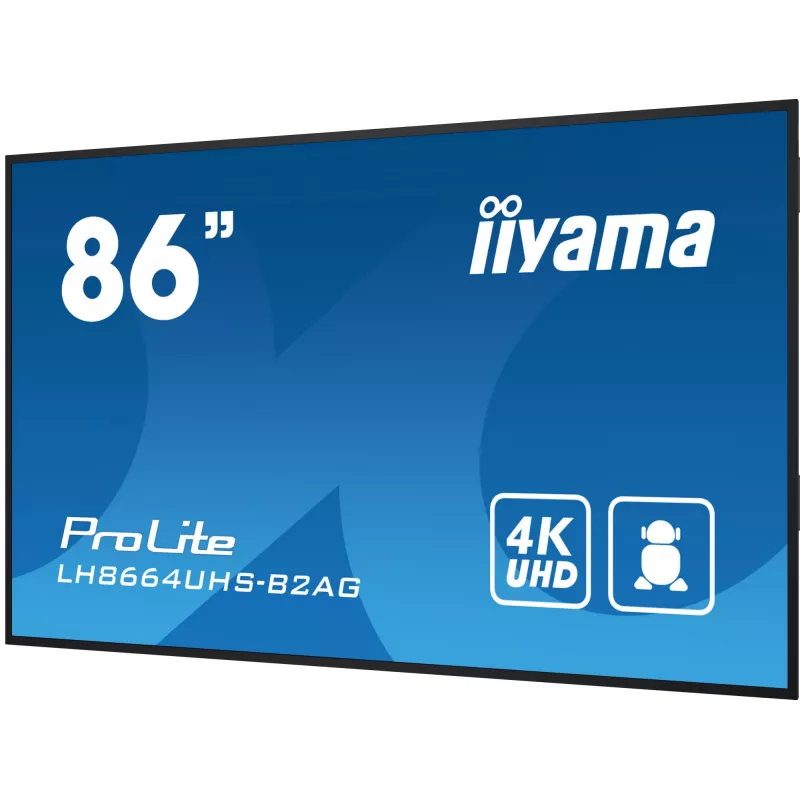 iiyama LH8664UHS-B2AG reklaminis ekranas Skaitmeninės reklamos plokščiasis ekranas 2.17 m (85,6 colio) Wi-Fi 500 cd/m² 4K Ultra HD Juodas Integruotas procesorius Android 11 24/7