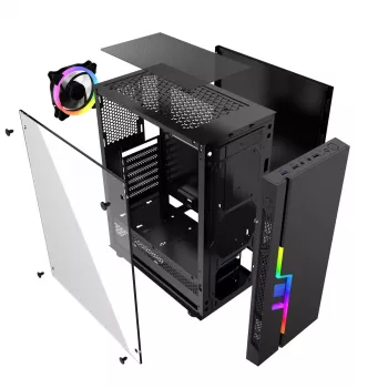 PC korpusas GEMBIRD Fornax 2000 RGB Midi Tower juodas — Micro ATX/ITX/ATX, 1x120 mm galinis ventiliatorius, 2x2,5 colio nišos, 2x3.0 USB-A, Grūdintas stiklas