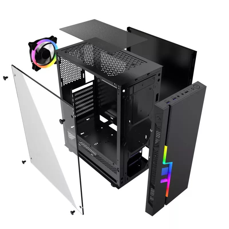 PC korpusas GEMBIRD Fornax 2000 RGB Midi Tower juodas — Micro ATX/ITX/ATX, 1x120 mm galinis ventiliatorius, 2x2,5 colio nišos, 2x3.0 USB-A, Grūdintas stiklas