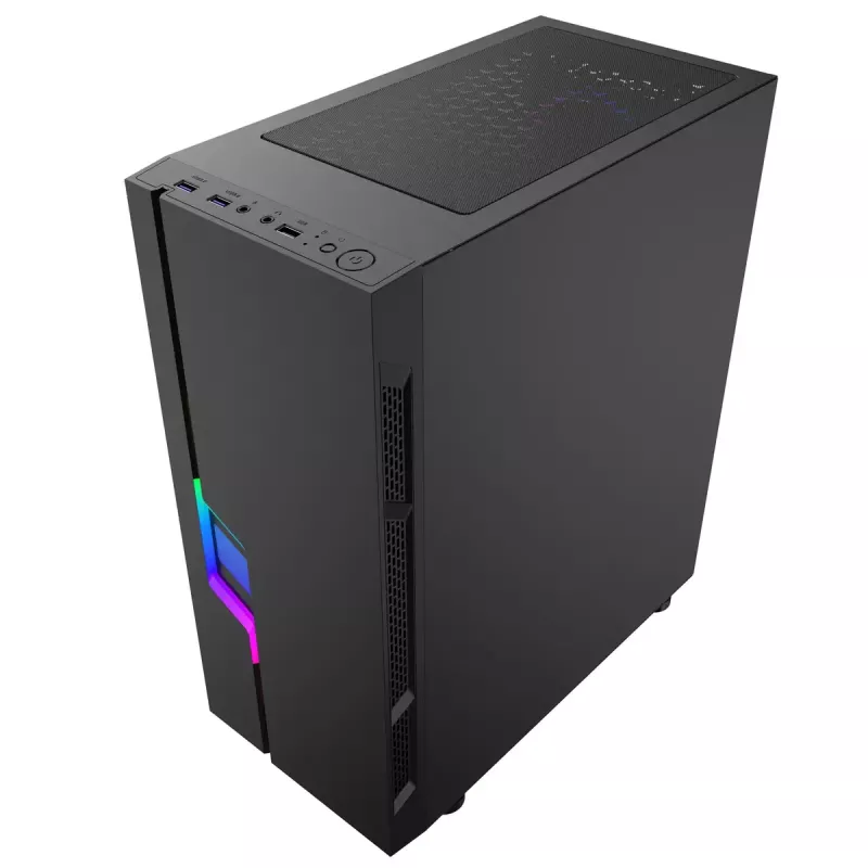 PC korpusas GEMBIRD Fornax 2000 RGB Midi Tower juodas — Micro ATX/ITX/ATX, 1x120 mm galinis ventiliatorius, 2x2,5 colio nišos, 2x3.0 USB-A, Grūdintas stiklas