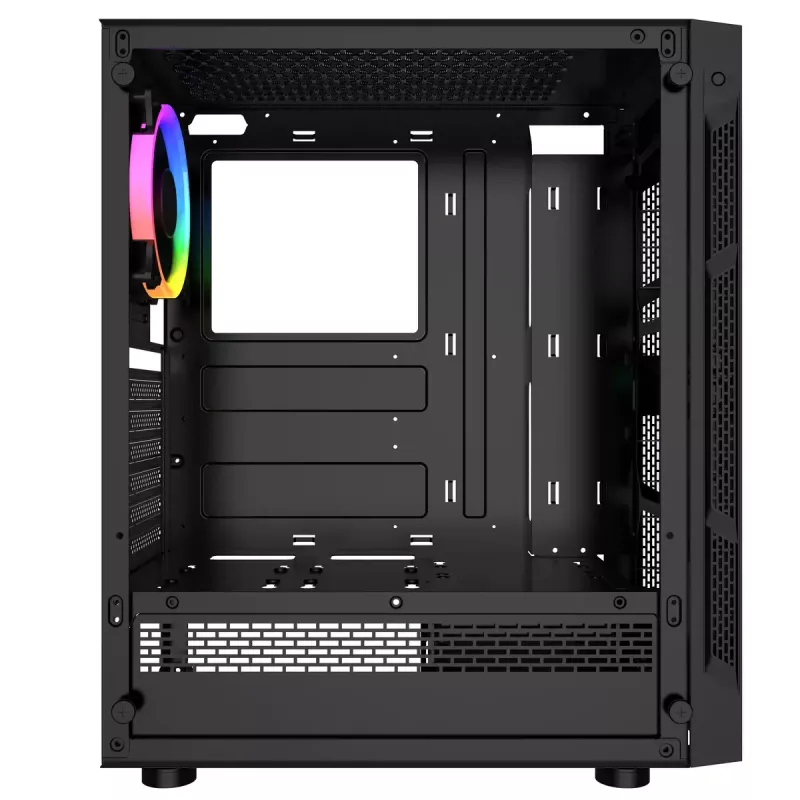 PC korpusas GEMBIRD Fornax 2000 RGB Midi Tower juodas — Micro ATX/ITX/ATX, 1x120 mm galinis ventiliatorius, 2x2,5 colio nišos, 2x3.0 USB-A, Grūdintas stiklas