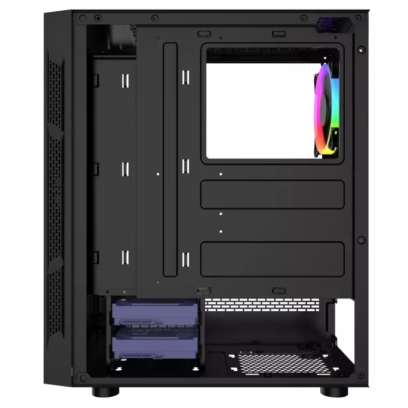PC korpusas GEMBIRD Fornax 2000 RGB Midi Tower juodas — Micro ATX/ITX/ATX, 1x120 mm galinis ventiliatorius, 2x2,5 colio nišos, 2x3.0 USB-A, Grūdintas stiklas