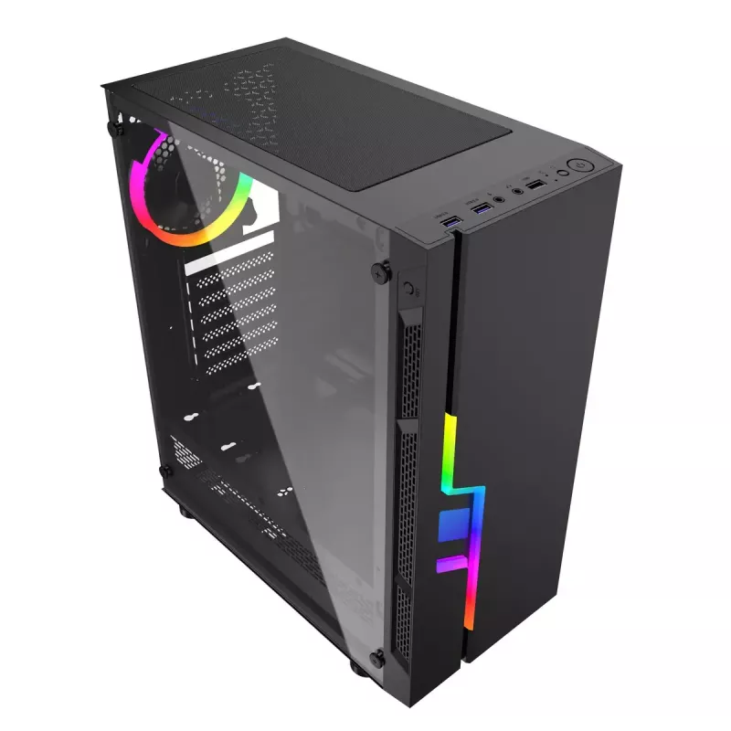 PC korpusas GEMBIRD Fornax 2000 RGB Midi Tower juodas — Micro ATX/ITX/ATX, 1x120 mm galinis ventiliatorius, 2x2,5 colio nišos, 2x3.0 USB-A, Grūdintas stiklas