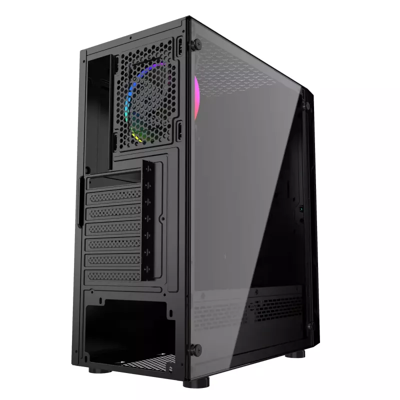 PC korpusas GEMBIRD Fornax 2000 RGB Midi Tower juodas — Micro ATX/ITX/ATX, 1x120 mm galinis ventiliatorius, 2x2,5 colio nišos, 2x3.0 USB-A, Grūdintas stiklas