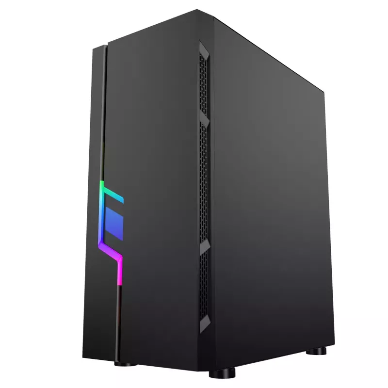 PC korpusas GEMBIRD Fornax 2000 RGB Midi Tower juodas — Micro ATX/ITX/ATX, 1x120 mm galinis ventiliatorius, 2x2,5 colio nišos, 2x3.0 USB-A, Grūdintas stiklas