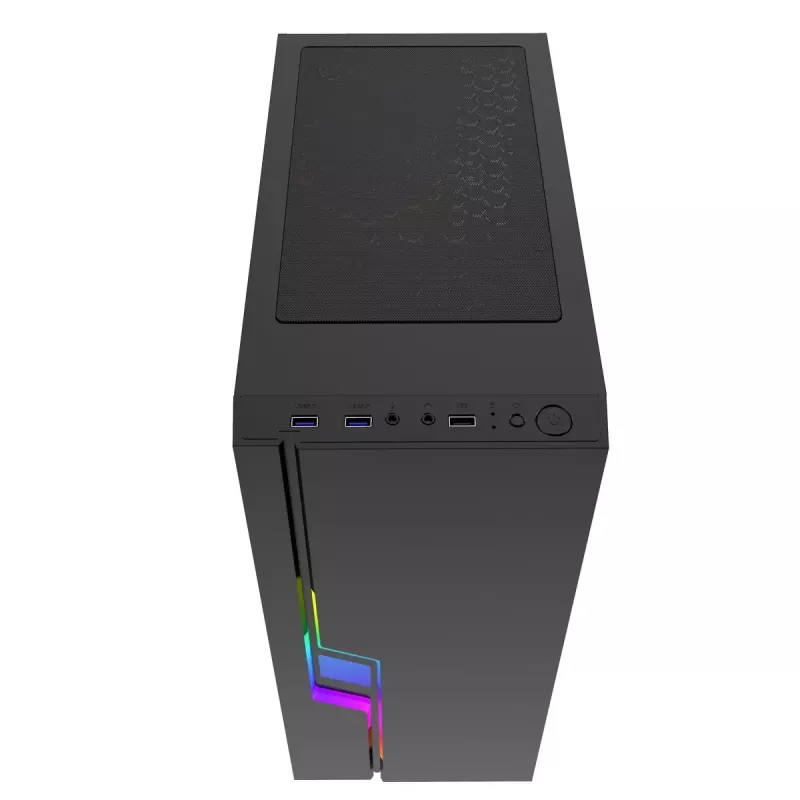 PC korpusas GEMBIRD Fornax 2000 RGB Midi Tower juodas — Micro ATX/ITX/ATX, 1x120 mm galinis ventiliatorius, 2x2,5 colio nišos, 2x3.0 USB-A, Grūdintas stiklas