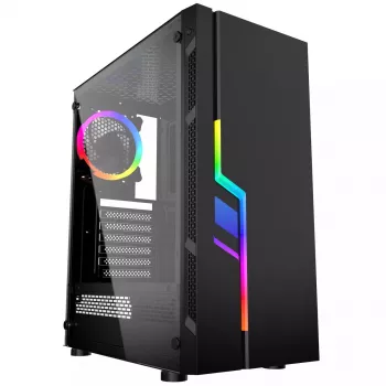 PC korpusas GEMBIRD Fornax 2000 RGB Midi Tower juodas — Micro ATX/ITX/ATX, 1x120 mm galinis ventiliatorius, 2x2,5 colio nišos, 2x3.0 USB-A, Grūdintas stiklas
