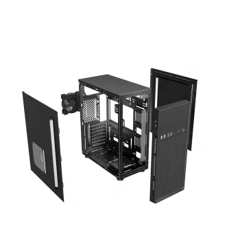 PC korpusas GEMBIRD Fornax 160 Mini Tower — juodas, SPCC, palaiko ITX/mATX/ATX, 1×3,5 colio + 3×2,5 colio lizdai, 7 išplėtimo lizdai, 445×185×390 mm
