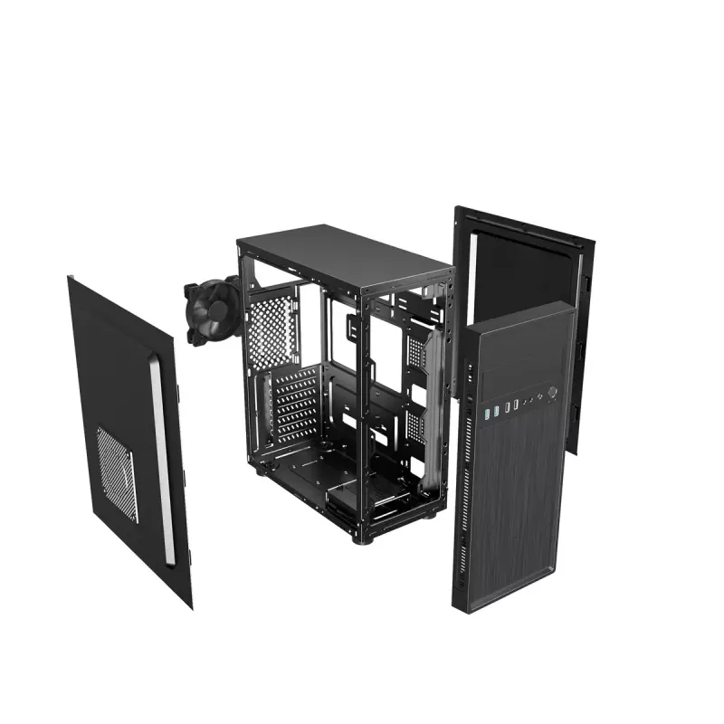 PC korpusas GEMBIRD Fornax 160 Mini Tower — juodas, SPCC, palaiko ITX/mATX/ATX, 1×3,5 colio + 3×2,5 colio lizdai, 7 išplėtimo lizdai, 445×185×390 mm