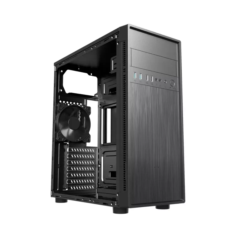 PC korpusas GEMBIRD Fornax 160 Mini Tower — juodas, SPCC, palaiko ITX/mATX/ATX, 1×3,5 colio + 3×2,5 colio lizdai, 7 išplėtimo lizdai, 445×185×390 mm