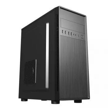 PC korpusas GEMBIRD Fornax 160 Mini Tower — juodas, SPCC, palaiko ITX/mATX/ATX, 1×3,5 colio + 3×2,5 colio lizdai, 7 išplėtimo lizdai, 445×185×390 mm