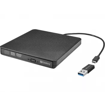 Sandberg USB-C/A DVD įrenginys, juodas, dėklas, stacionariam/nešiojamam kompiuteriui, DVD Super Multi DL, USB Type-C, CD-R, CD-ROM, CD-RW, DVD+R DL, DVD-R, DVD-R DL, DVD-RAM, DVD-ROM, DVD-RW