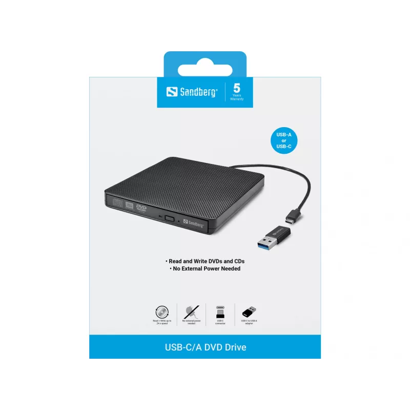 Sandberg USB-C/A DVD įrenginys, juodas, dėklas, stacionariam/nešiojamam kompiuteriui, DVD Super Multi DL, USB Type-C, CD-R, CD-ROM, CD-RW, DVD+R DL, DVD-R, DVD-R DL, DVD-RAM, DVD-ROM, DVD-RW