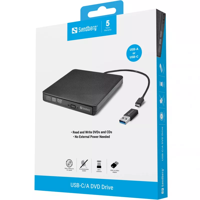 Sandberg USB-C/A DVD įrenginys, juodas, dėklas, stacionariam/nešiojamam kompiuteriui, DVD Super Multi DL, USB Type-C, CD-R, CD-ROM, CD-RW, DVD+R DL, DVD-R, DVD-R DL, DVD-RAM, DVD-ROM, DVD-RW