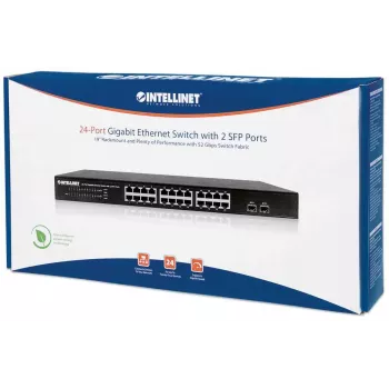 Intellinet 24 prievadų gigabitinis eterneto komutatorius su 2 SFP prievadais, 24 x 10/100/1000 Mbps RJ45 prievadai + 2 x SFP, IEEE 802.3az (energiją taupantis eternetas), 19 colių stovo montavimas, metalinis