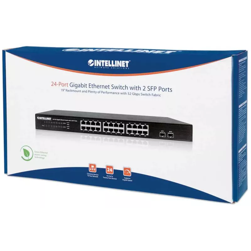 Intellinet 24 prievadų gigabitinis eterneto komutatorius su 2 SFP prievadais, 24 x 10/100/1000 Mbps RJ45 prievadai + 2 x SFP, IEEE 802.3az (energiją taupantis eternetas), 19 colių stovo montavimas, metalinis