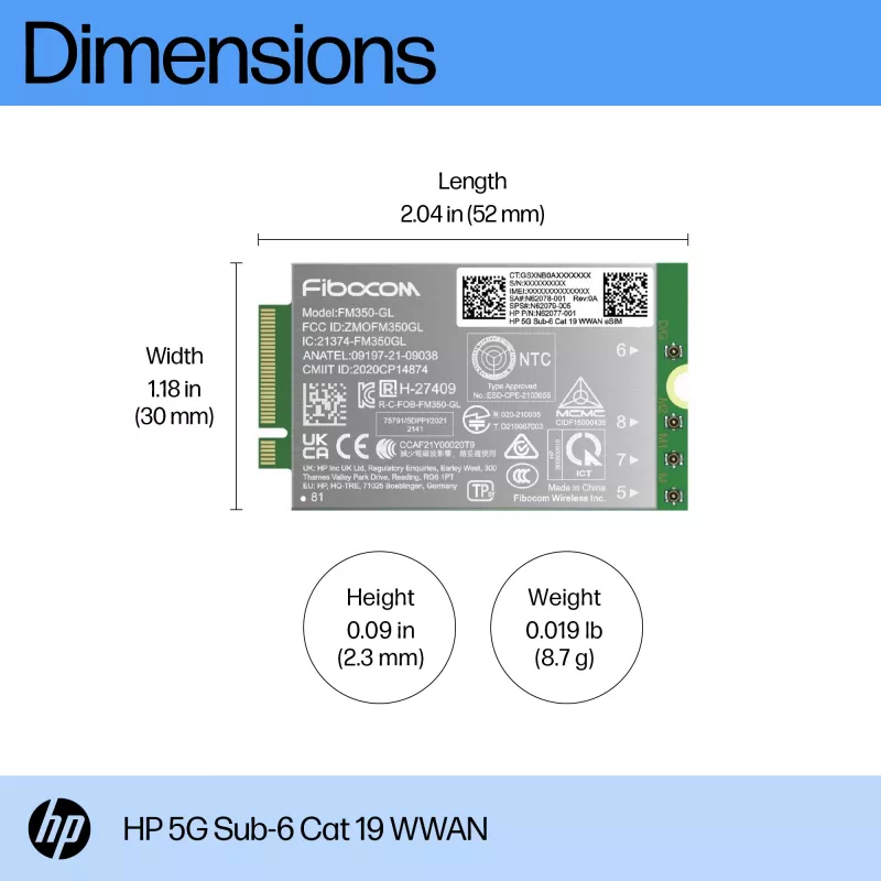 HP 5G Sub-6 Cat 19 WWAN sąsajos plokštės / adapteris