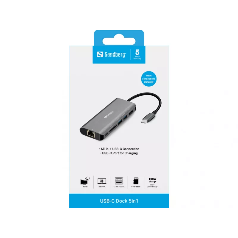 Sandberg USB-C dokas HDMI+LAN+SD+USB, 100 W