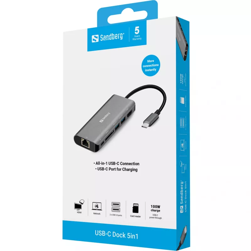Sandberg USB-C dokas HDMI+LAN+SD+USB, 100 W