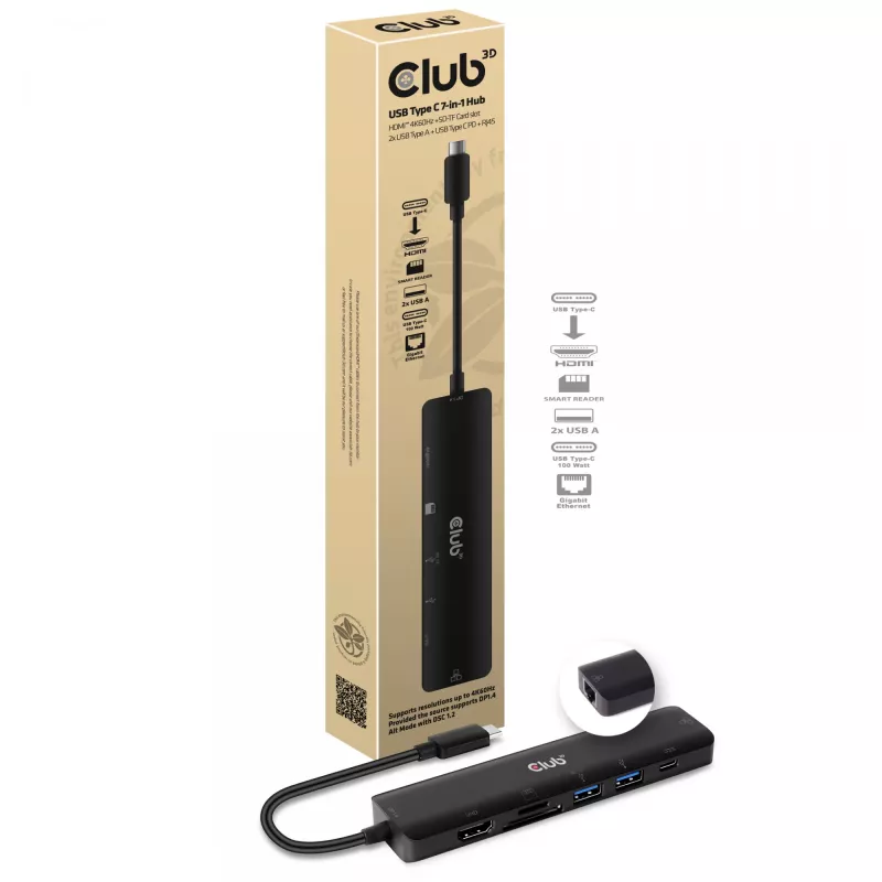CLUB3D USB-C 7 viename šakotuvas HDMI 4K60Hz SD TF kortelių lizdas 2x USB A USB-C PD RJ45 veikia su Thunderbolt 3