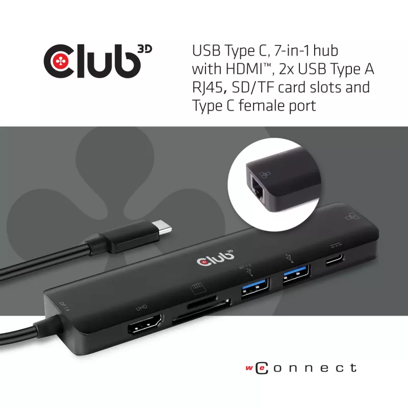 CLUB3D USB-C 7 viename šakotuvas HDMI 4K60Hz SD TF kortelių lizdas 2x USB A USB-C PD RJ45 veikia su Thunderbolt 3