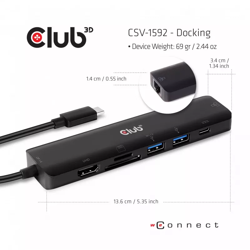 CLUB3D USB-C 7 viename šakotuvas HDMI 4K60Hz SD TF kortelių lizdas 2x USB A USB-C PD RJ45 veikia su Thunderbolt 3