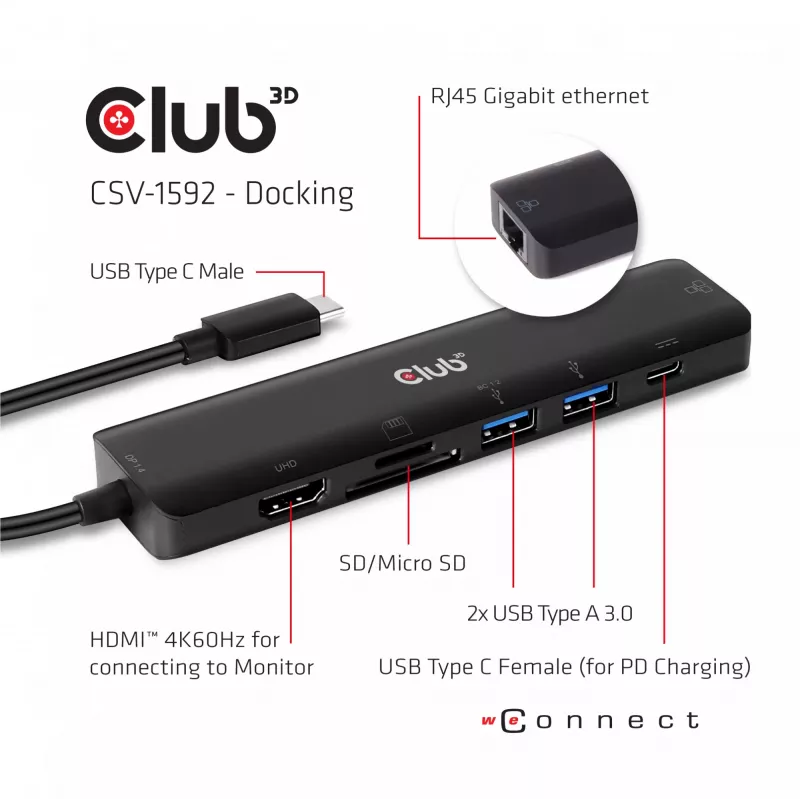 CLUB3D USB-C 7 viename šakotuvas HDMI 4K60Hz SD TF kortelių lizdas 2x USB A USB-C PD RJ45 veikia su Thunderbolt 3