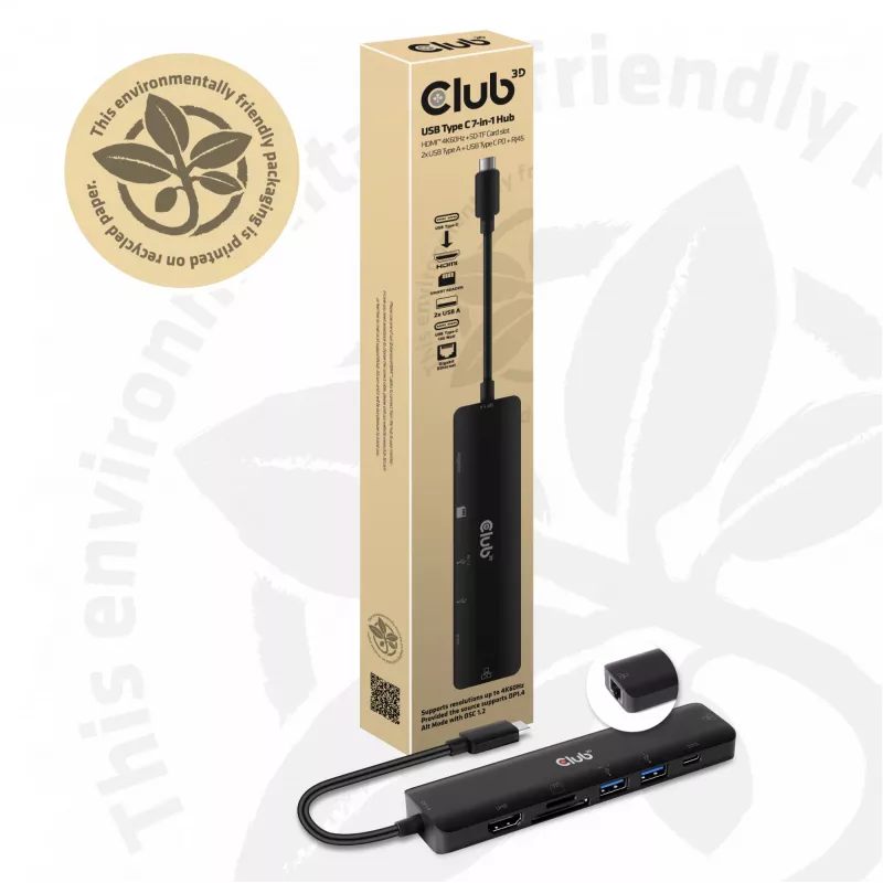 CLUB3D USB-C 7 viename šakotuvas HDMI 4K60Hz SD TF kortelių lizdas 2x USB A USB-C PD RJ45 veikia su Thunderbolt 3