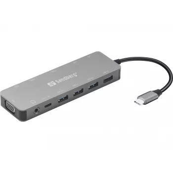 Sandberg USB-C 13-in-1 kelionių dokas, USB Type-C, 100 W galios tiekimas, Ethernet 1000 Mbit/s