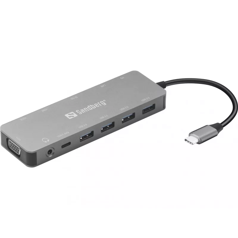 Sandberg USB-C 13-in-1 kelionių dokas, USB Type-C, 100 W galios tiekimas, Ethernet 1000 Mbit/s