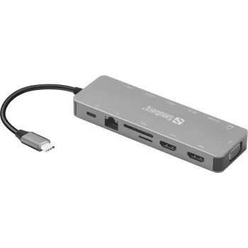 Sandberg USB-C 13-in-1 kelionių dokas, USB Type-C, 100 W galios tiekimas, Ethernet 1000 Mbit/s