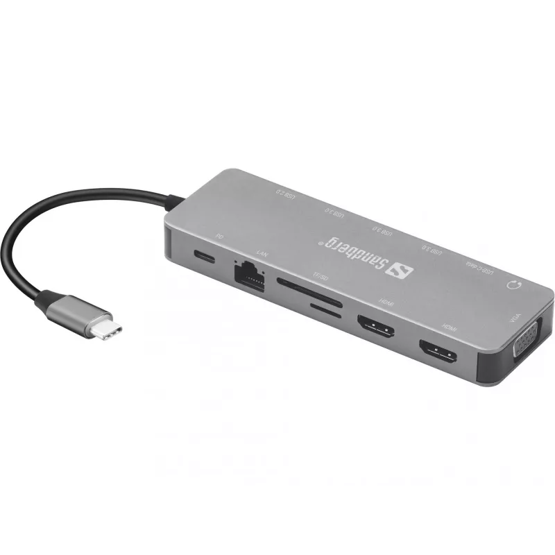 Sandberg USB-C 13-in-1 kelionių dokas, USB Type-C, 100 W galios tiekimas, Ethernet 1000 Mbit/s