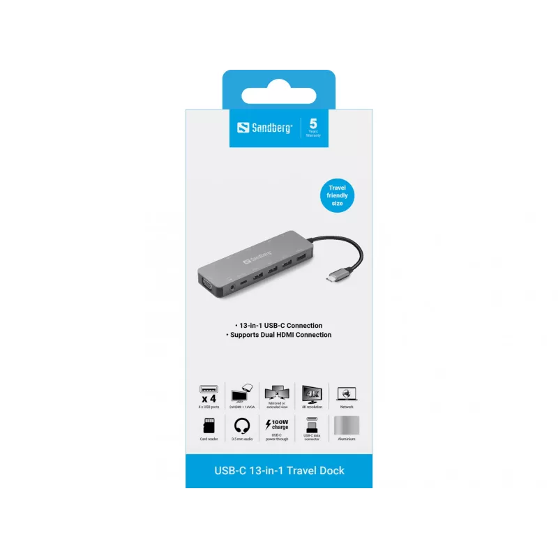 Sandberg USB-C 13-in-1 kelionių dokas, USB Type-C, 100 W galios tiekimas, Ethernet 1000 Mbit/s
