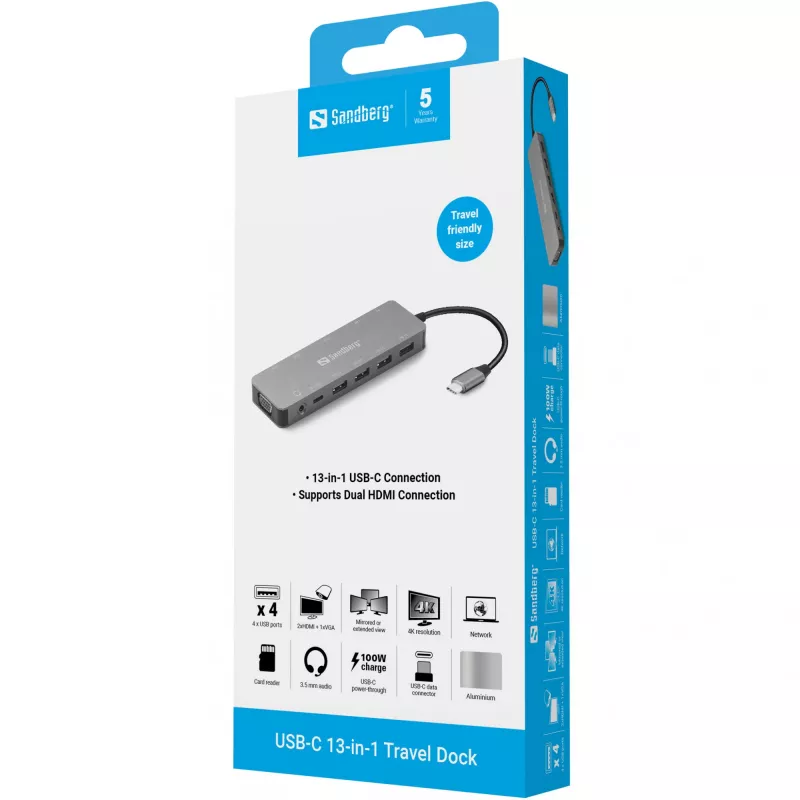 Sandberg USB-C 13-in-1 kelionių dokas, USB Type-C, 100 W galios tiekimas, Ethernet 1000 Mbit/s