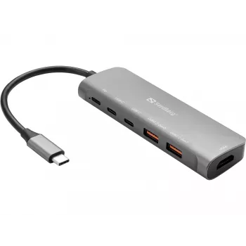 Sandberg USB-C Dock HDMI + 2xUSB-A + 2xUSB-C + PD100W, laidinis, USB 3.2 Gen 1 (3.1 Gen 1) Type-C, 100 W, aliuminis, 4K Ultra HD, 3840 x 2160 pikselių