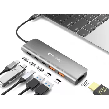 Sandberg USB-C Dock HDMI + 2xUSB-A + 2xUSB-C + PD100W, laidinis, USB 3.2 Gen 1 (3.1 Gen 1) Type-C, 100 W, aliuminis, 4K Ultra HD, 3840 x 2160 pikselių
